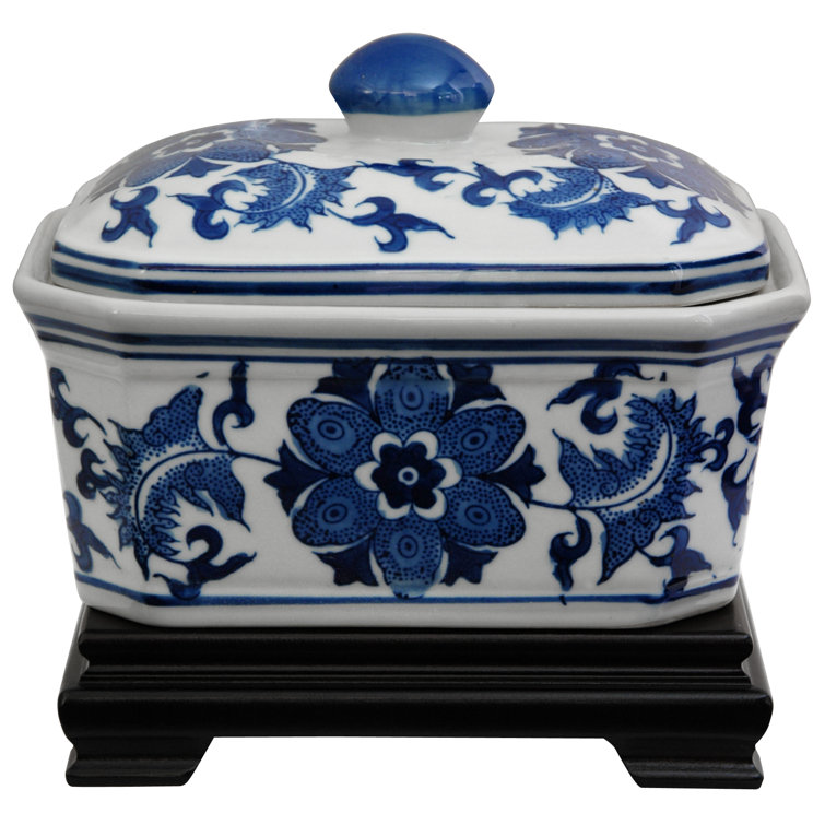 Blue and White Floral Porcelain Rectangular Storage Jar