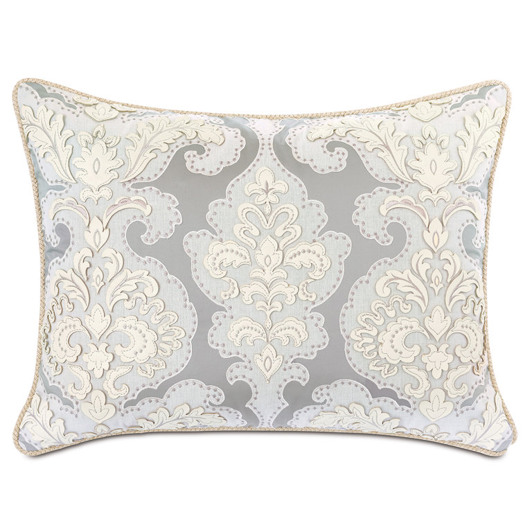 Ivory and Gray Cotton Blend Square Embroidered Throw Pillow