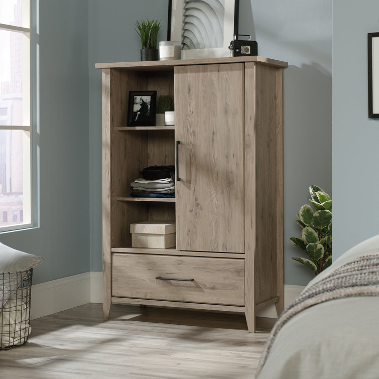 Laurel Oak Sliding Door Armoire with Mirror and Shelves