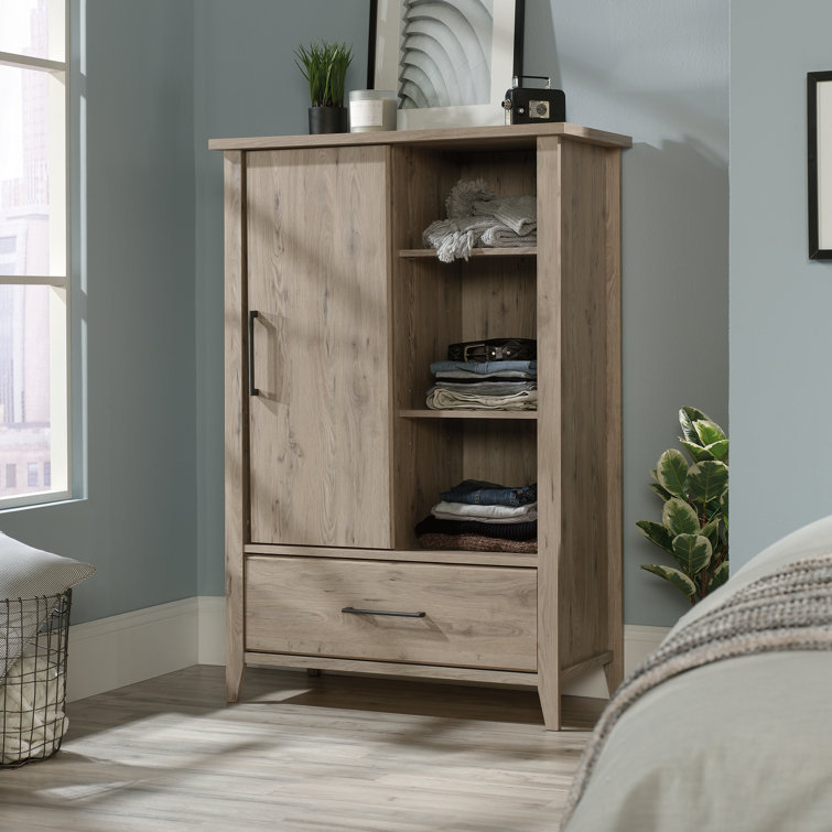 Laurel Oak Sliding Door Armoire with Mirror and Shelves