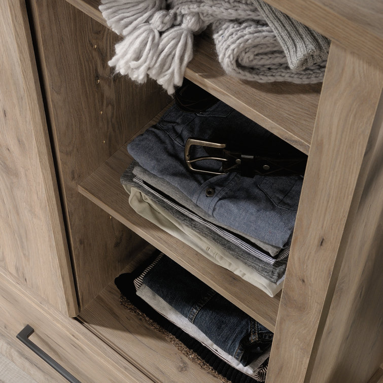 Laurel Oak Sliding Door Armoire with Mirror and Shelves