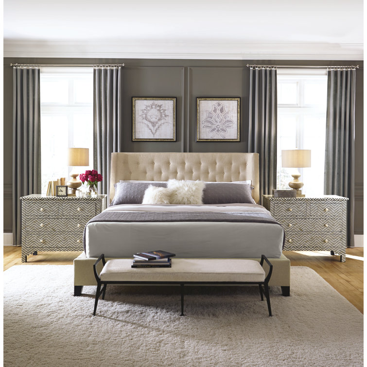 Beige Queen Upholstered Wood Frame Tufted Bed
