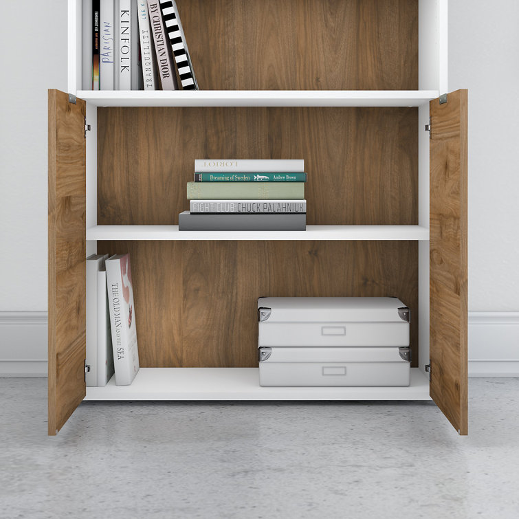 Adjustable Fresh Walnut & White Wood Composite Bookcase with Doors