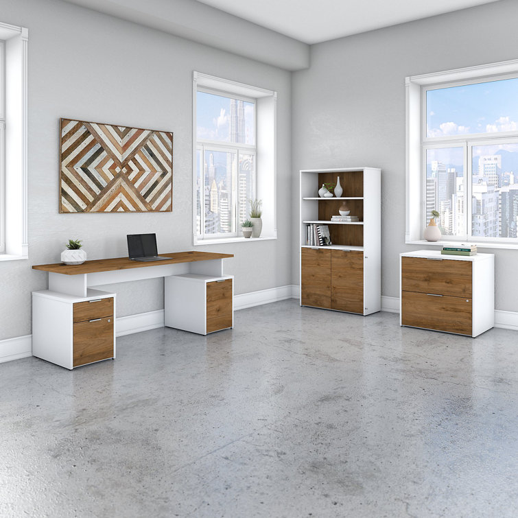 Adjustable Fresh Walnut & White Wood Composite Bookcase with Doors