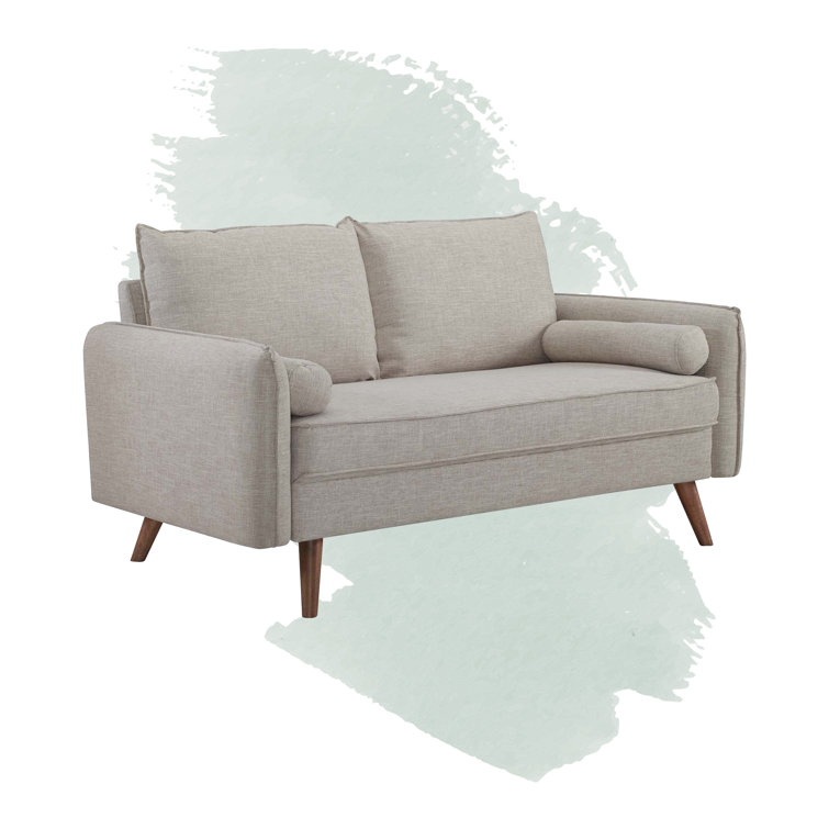 Beige Fabric Loveseat with Walnut Wood Legs