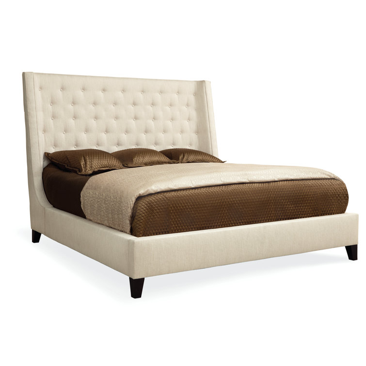 Beige Velvet Upholstered King Bed with Tufted Headboard