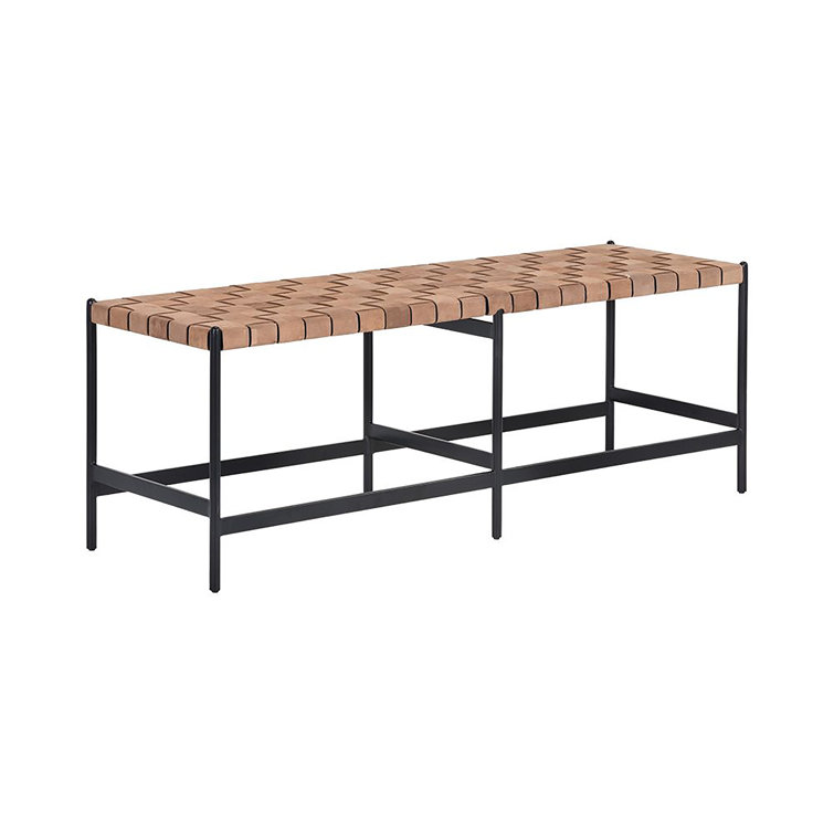 Tan Faux Leather and Metal Weave Bench