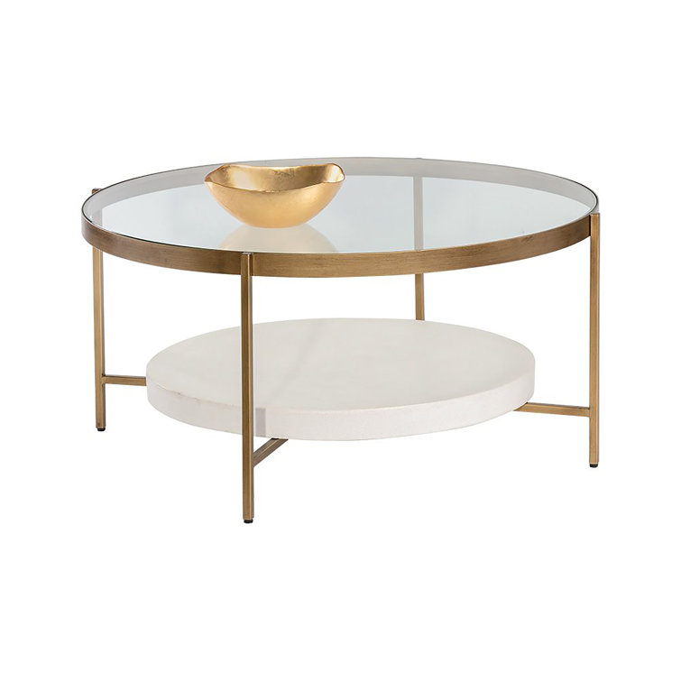 Transitional Round Glass-Top Outdoor Coffee Table with White Shelf