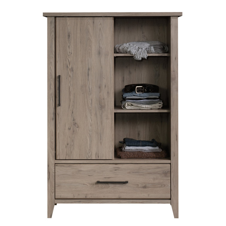 Laurel Oak Sliding Door Armoire with Mirror and Shelves