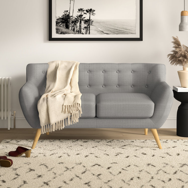 Light Gray Tufted Fabric Loveseat with Wood Legs