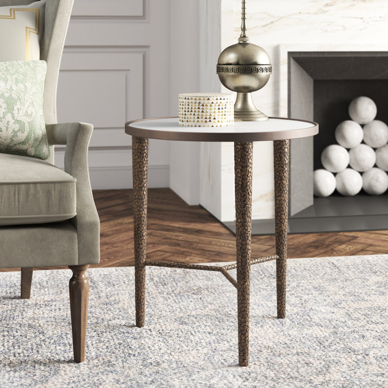 Antique Brass Round Stone Top End Table with Pebble Textured Metal Storage
