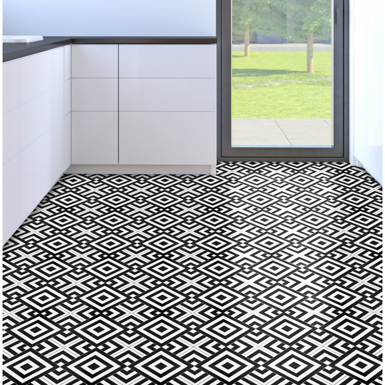 Geometric Black and White Self-Adhesive Vinyl Floor Tiles, 12" x 12", 20 Tiles