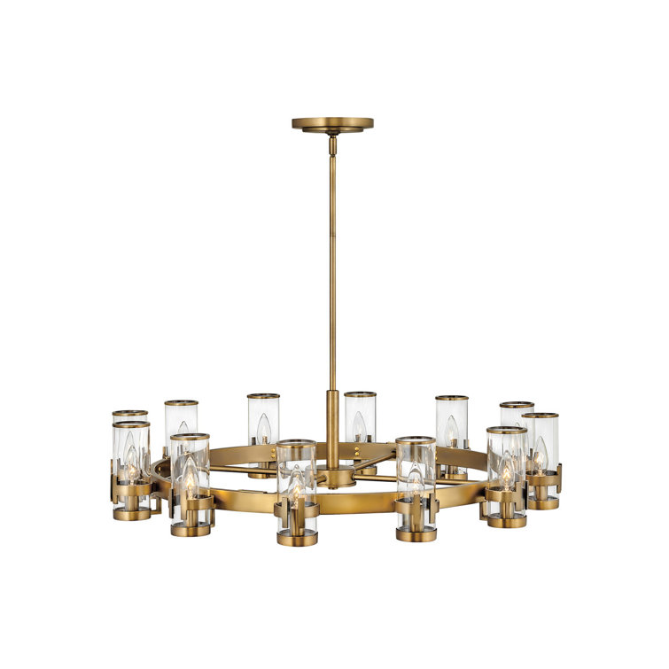 Reeve Heritage Brass 12-Light Wagon Wheel Chandelier with Clear Glass Cylinders