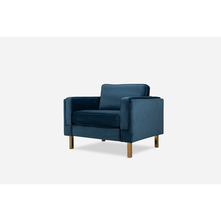 Blue Velvet and Gold Handcrafted Mid-Century Modern Accent Chair