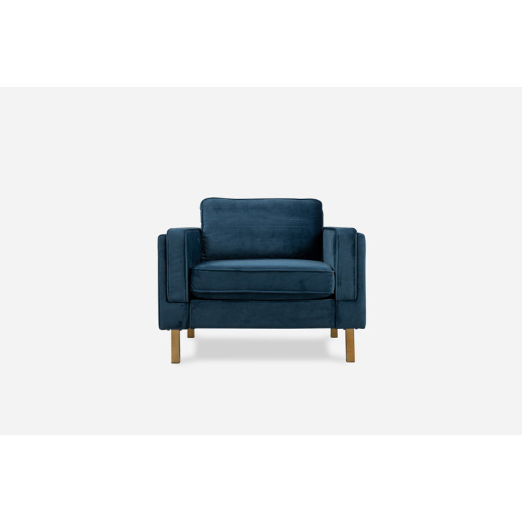 Blue Velvet and Gold Handcrafted Mid-Century Modern Accent Chair