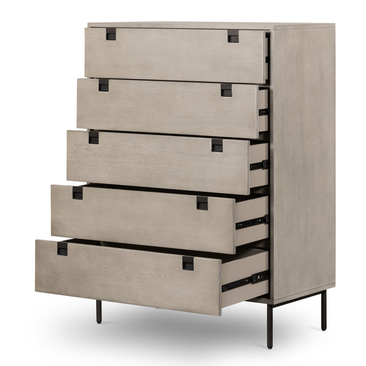 Modern Gray Acacia Veneer 5-Drawer Dresser with Iron Legs