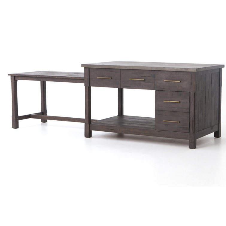 Acacia Wood Brown Rectangular Kitchen Island with Concrete Top
