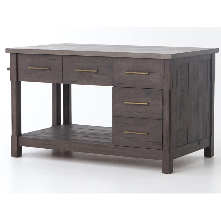 Acacia Wood Brown Rectangular Kitchen Island with Concrete Top