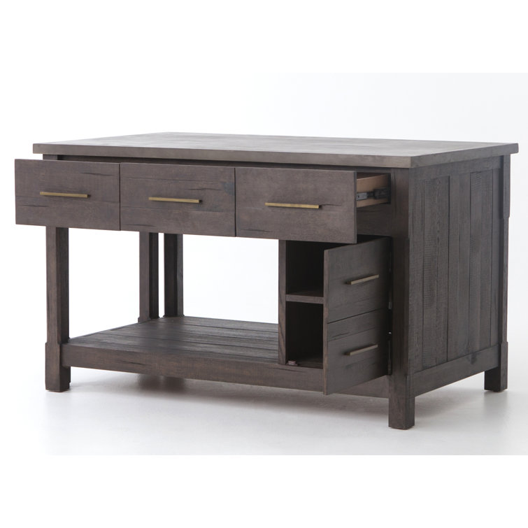 Acacia Wood Brown Rectangular Kitchen Island with Concrete Top
