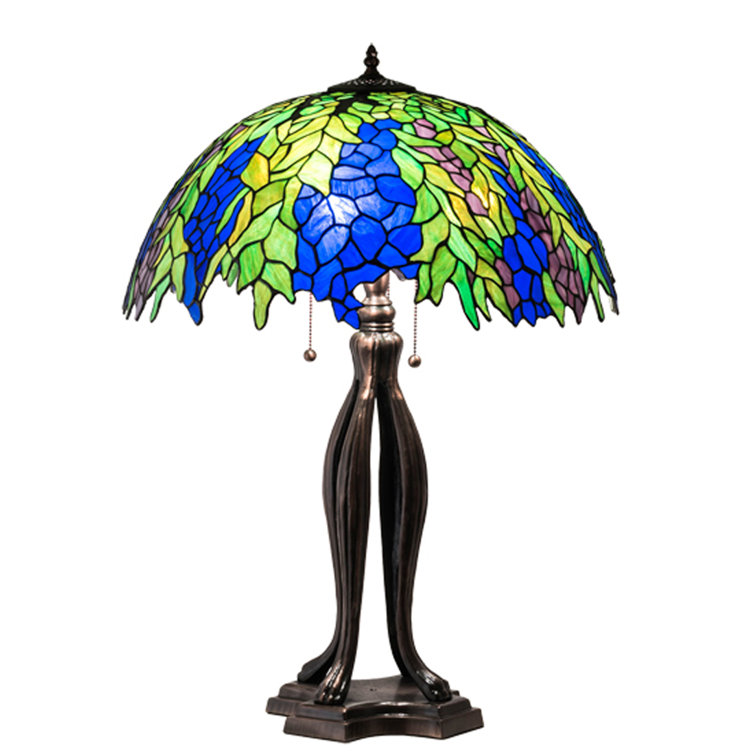 Honey Locust 3-Light Mahogany Bronze Table Lamp with Green/Blue Glass Shade