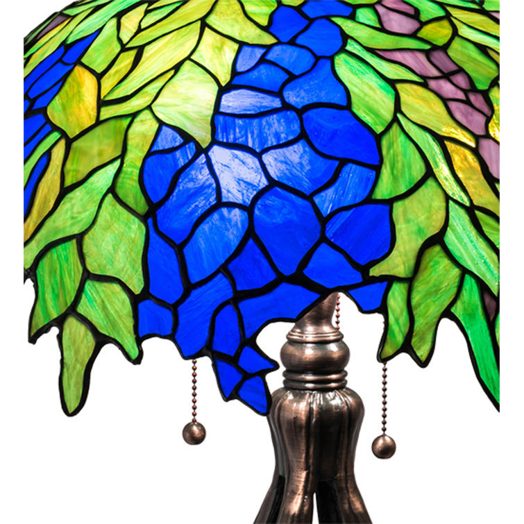 Honey Locust 3-Light Mahogany Bronze Table Lamp with Green/Blue Glass Shade
