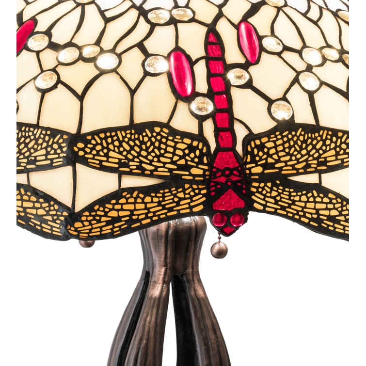 Scarlet Dragonfly 3-Light Stained Glass Desk Lamp in Mahogany Bronze