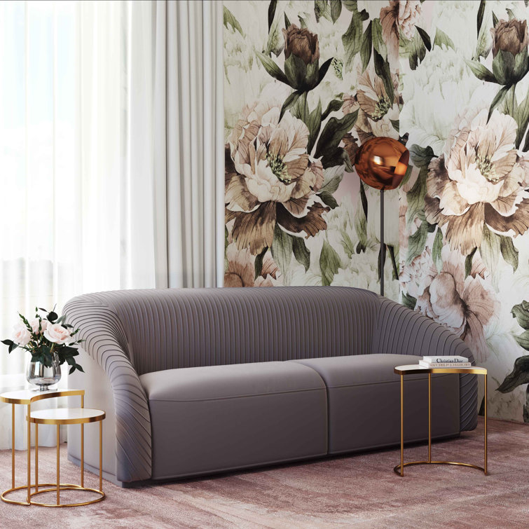 Gray Velvet Rolled Arm Stationary Sofa