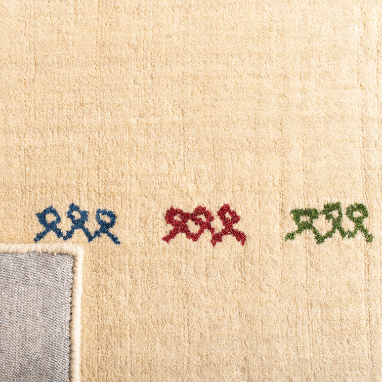 Cream Hand-Knotted Wool Runner Rug with Colorful Accents