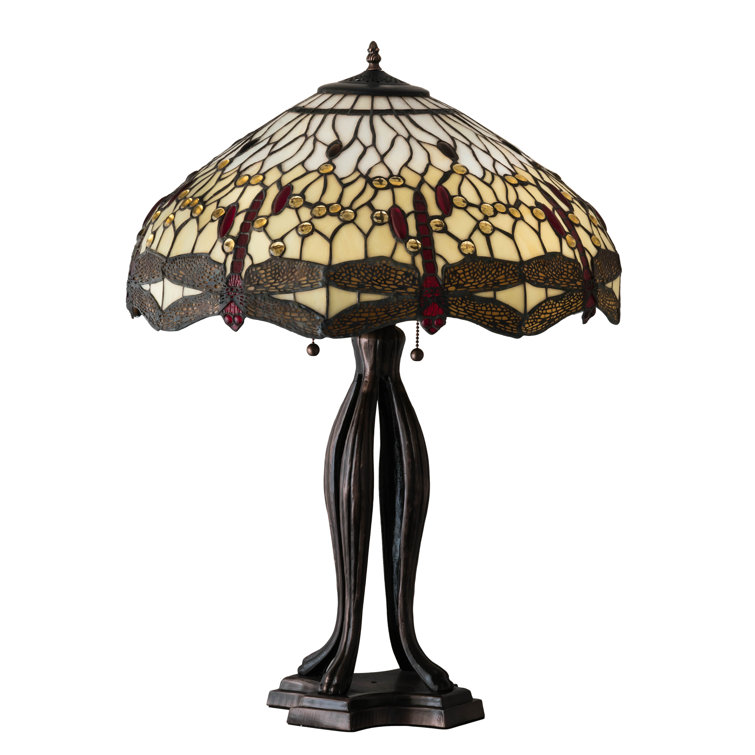 Scarlet Dragonfly 3-Light Stained Glass Desk Lamp in Mahogany Bronze