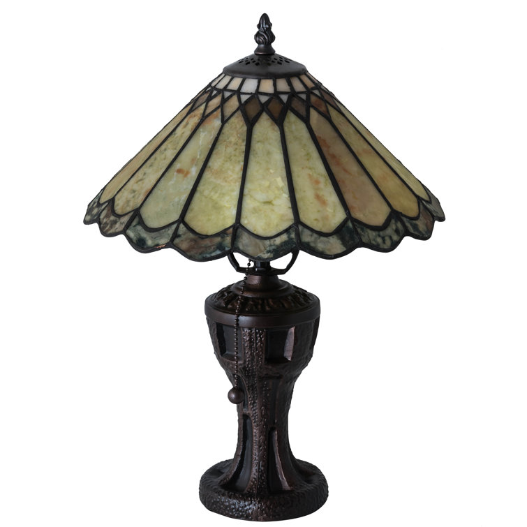 17" Mahogany Bronze and Green Stained Glass Table Lamp