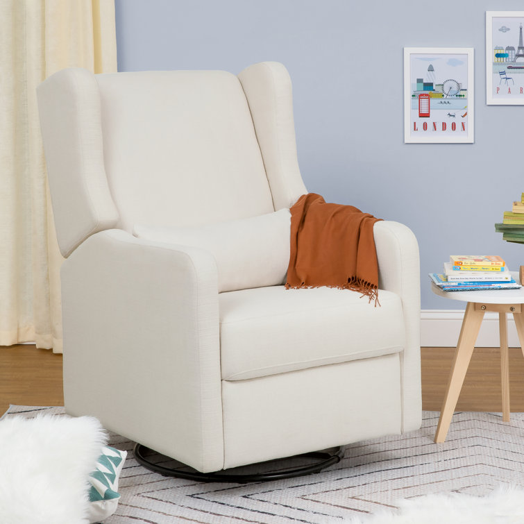 Beige Handcrafted Swivel Recliner with Wood Base