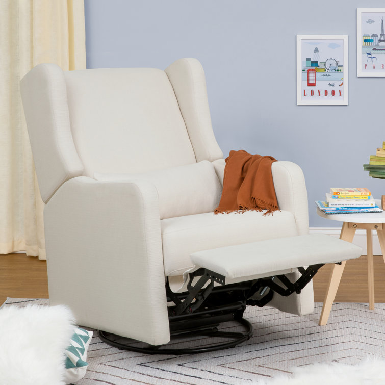 Beige Handcrafted Swivel Recliner with Wood Base