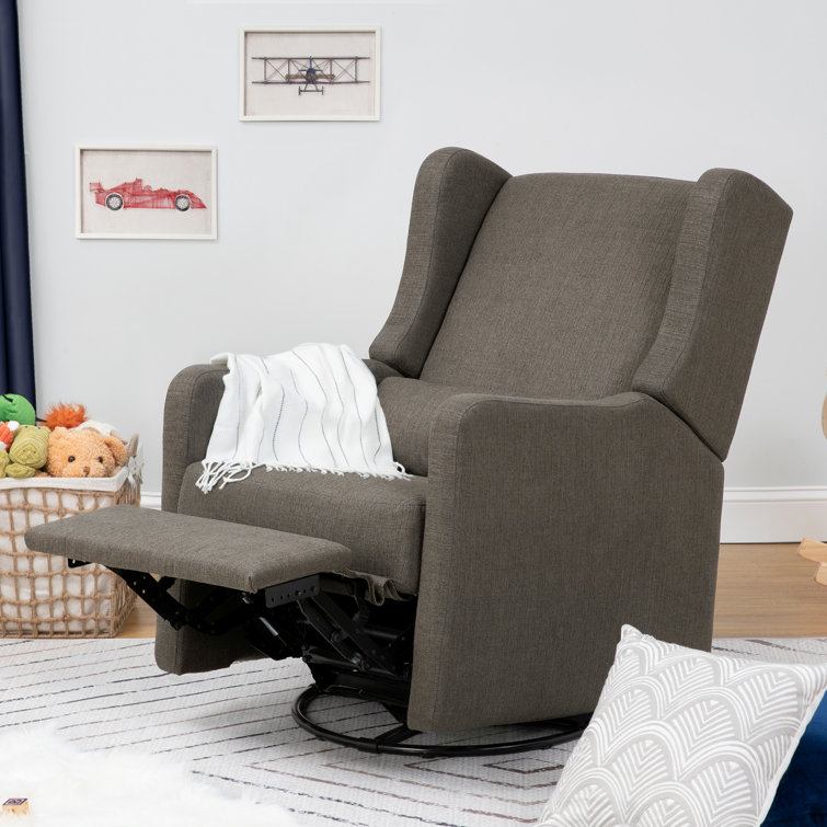 Navy Performance Linen 32" Swivel Recliner with Wood Accents