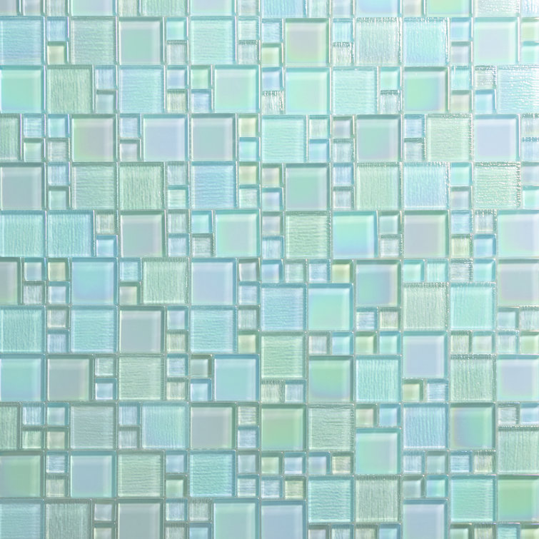 Sea Green Iridescent Glass Mosaic Wall Tile 12-in x 12-in