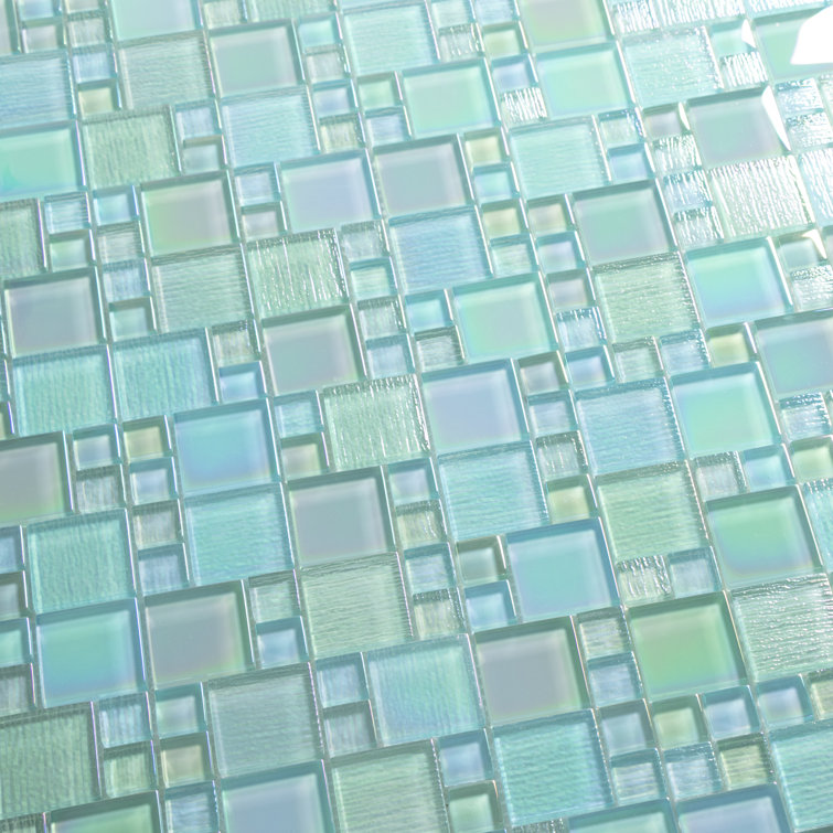 Sea Green Iridescent Glass Mosaic Wall Tile 12-in x 12-in