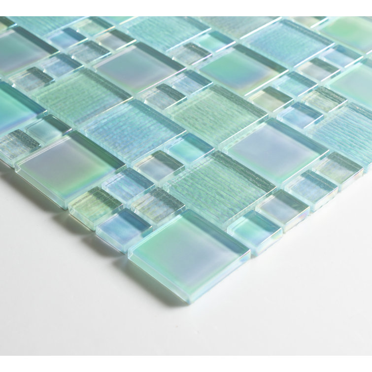 Sea Green Iridescent Glass Mosaic Wall Tile 12-in x 12-in