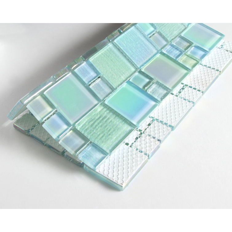Sea Green Iridescent Glass Mosaic Wall Tile 12-in x 12-in