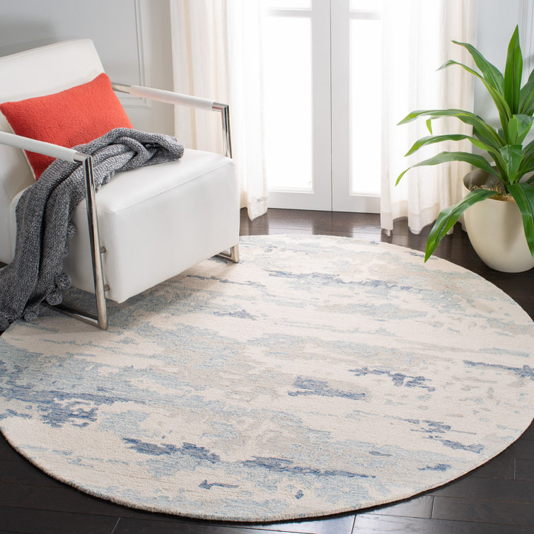 Hand Tufted Ivory and Blue Wool Runner Rug, 2'-3" x 18'