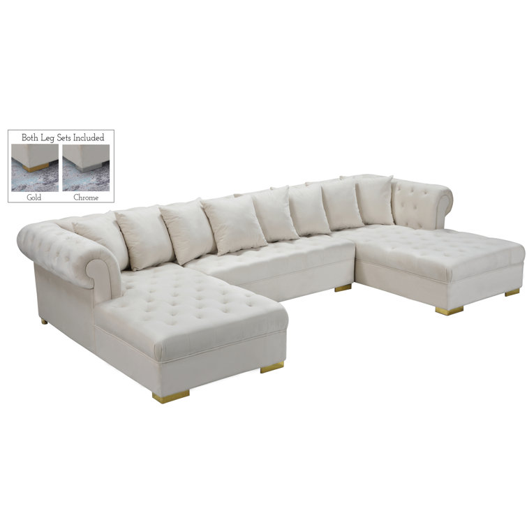 Cream Velvet Tufted Three Piece Sectional Sofa with Solid Wood Frame