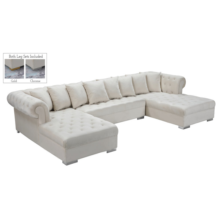 Cream Velvet Tufted Three Piece Sectional Sofa with Solid Wood Frame
