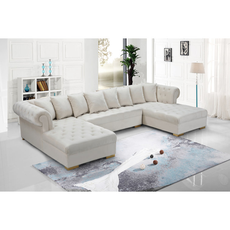Cream Velvet Tufted Three Piece Sectional Sofa with Solid Wood Frame