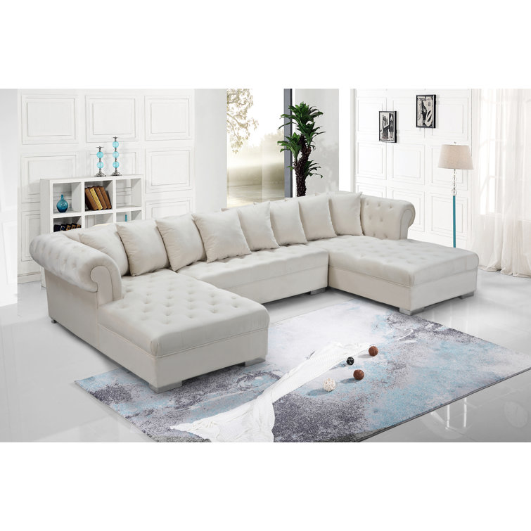 Cream Velvet Tufted Three Piece Sectional Sofa with Solid Wood Frame