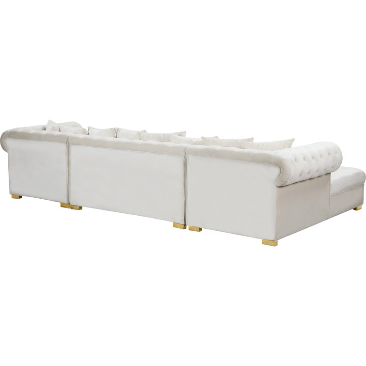 Cream Velvet Tufted Three Piece Sectional Sofa with Solid Wood Frame