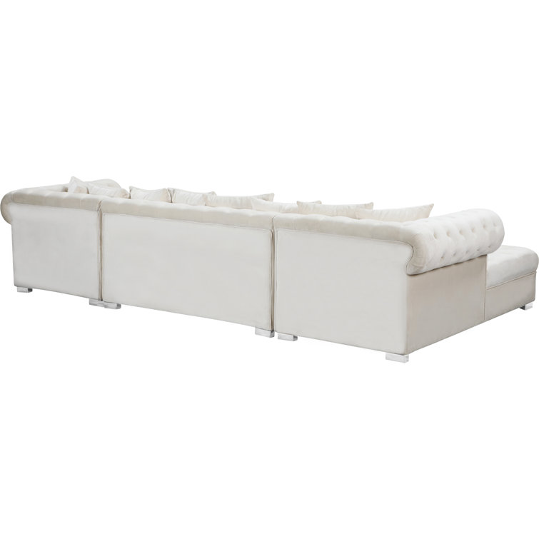 Cream Velvet Tufted Three Piece Sectional Sofa with Solid Wood Frame