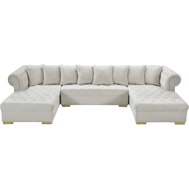 Cream Velvet Tufted Three Piece Sectional Sofa with Solid Wood Frame