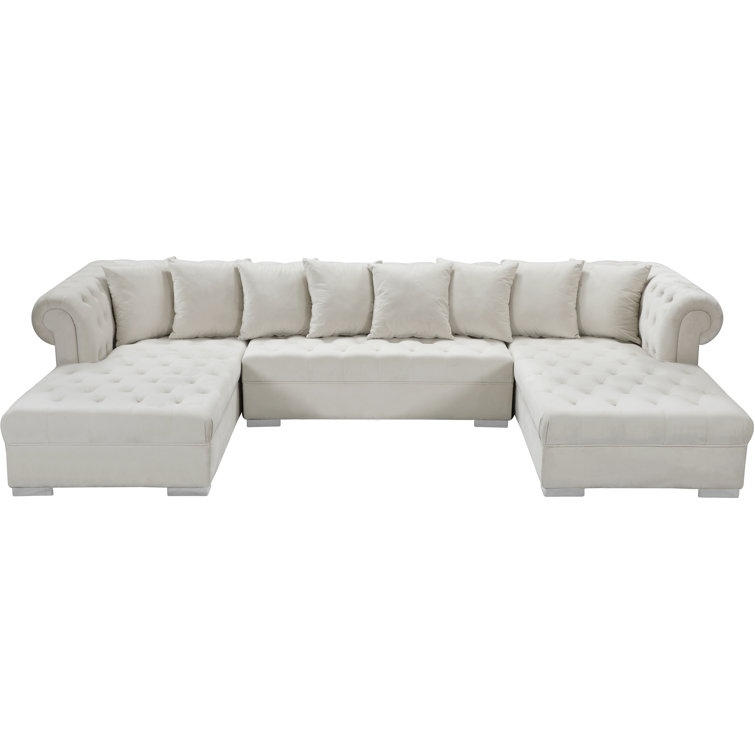 Cream Velvet Tufted Three Piece Sectional Sofa with Solid Wood Frame