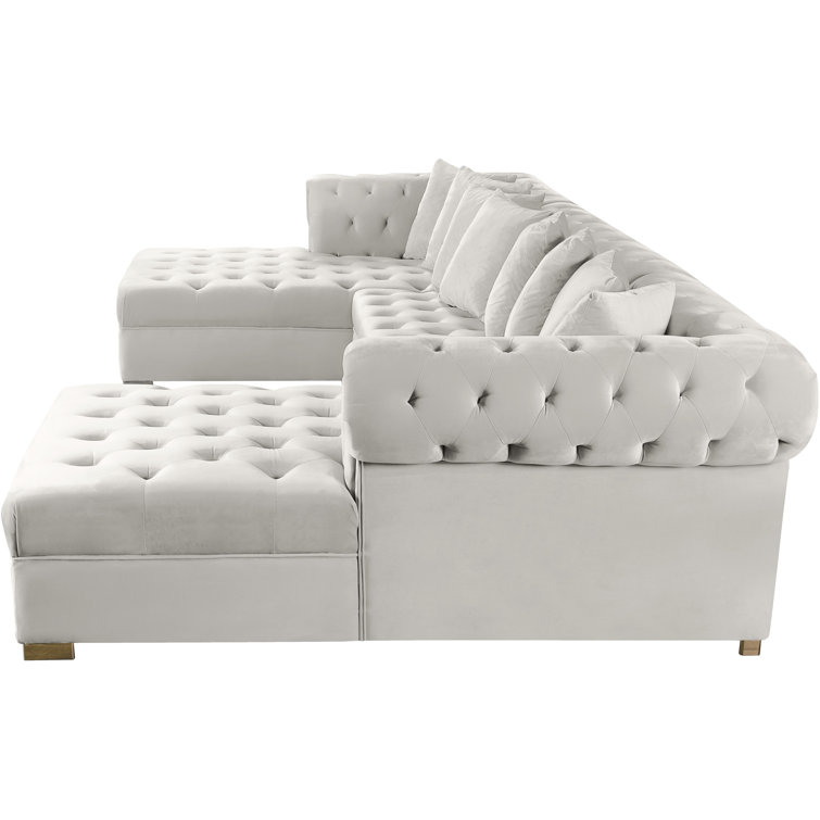 Cream Velvet Tufted Three Piece Sectional Sofa with Solid Wood Frame