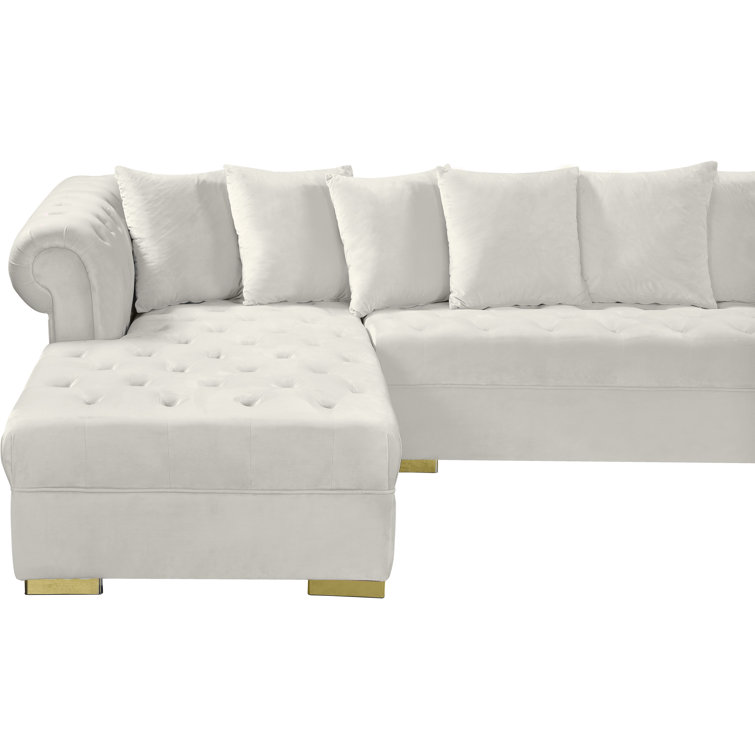 Cream Velvet Tufted Three Piece Sectional Sofa with Solid Wood Frame