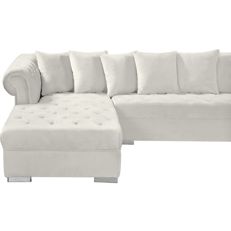 Cream Velvet Tufted Three Piece Sectional Sofa with Solid Wood Frame