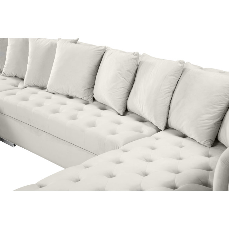 Cream Velvet Tufted Three Piece Sectional Sofa with Solid Wood Frame